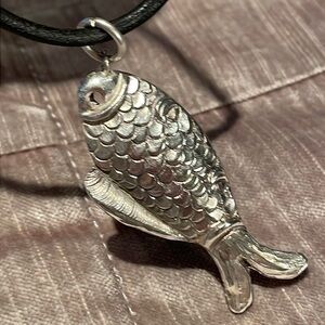 925 Sterling Silver Fish Pendant Corded Necklace